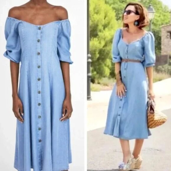 Zara Premium Denim Chambray Off Shoulder Midi Button Down Dress Blue Medium - Picture 6 of 13